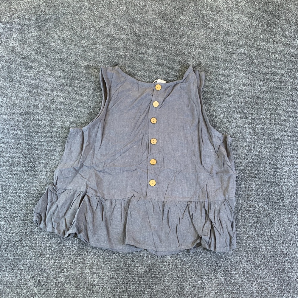 Anrabess Blouse Top Womens Small Gray Linen Sleeveless Button Back Peplum Hem